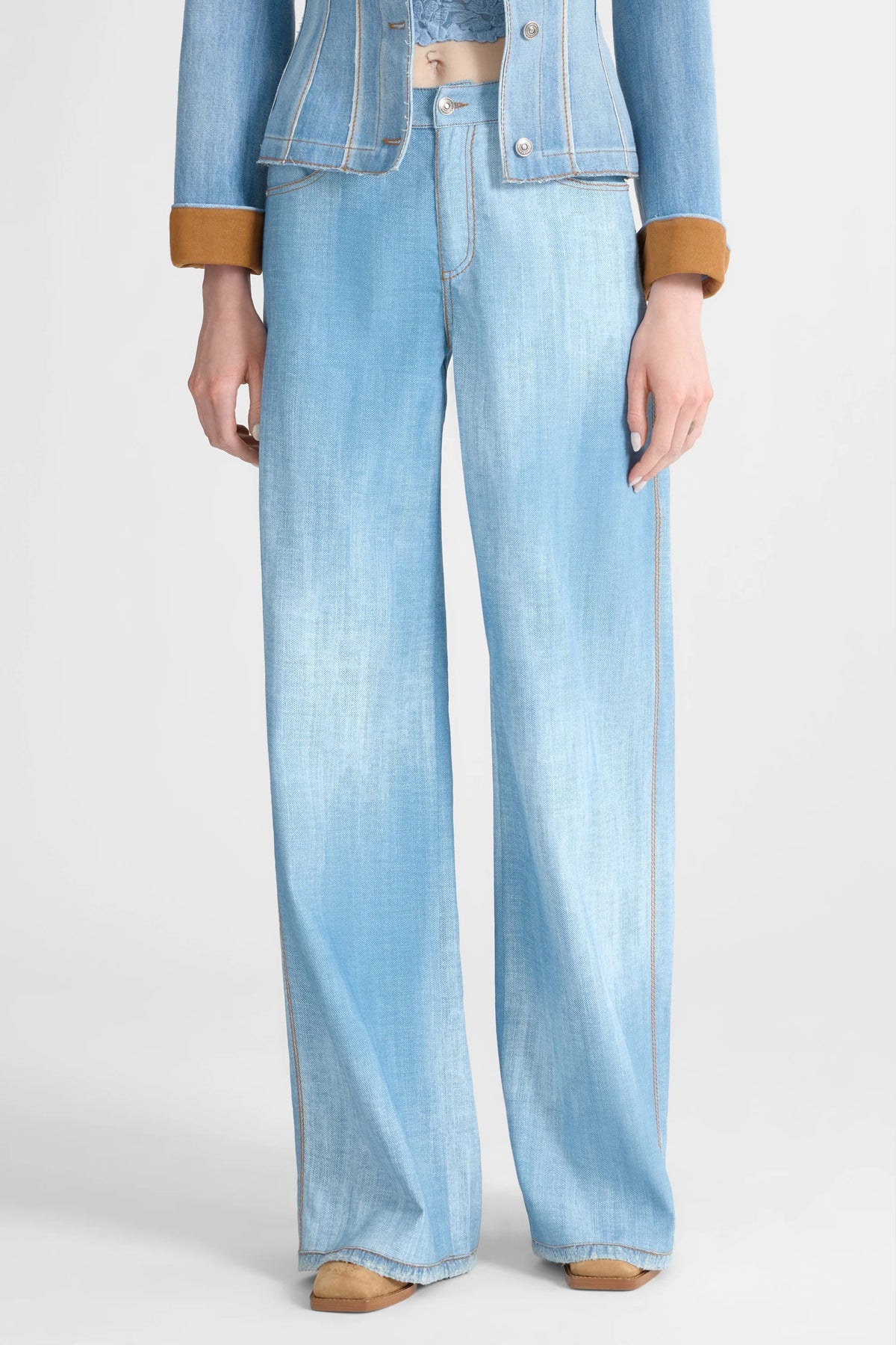 Ermanno Scervino Blue Printed Jeans-Effect Palazzo Trousers