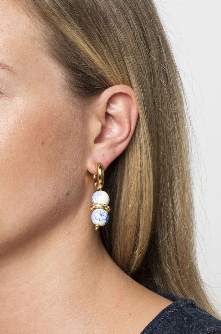 Timeless Pearly Mismatched Gold Diamanté &amp; Blue Ceramic Earrings