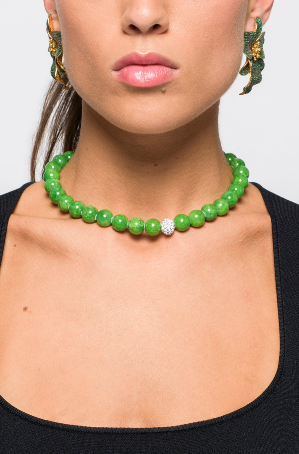 Timeless Pearly Emerald Green &amp; Diamante Detail Necklace