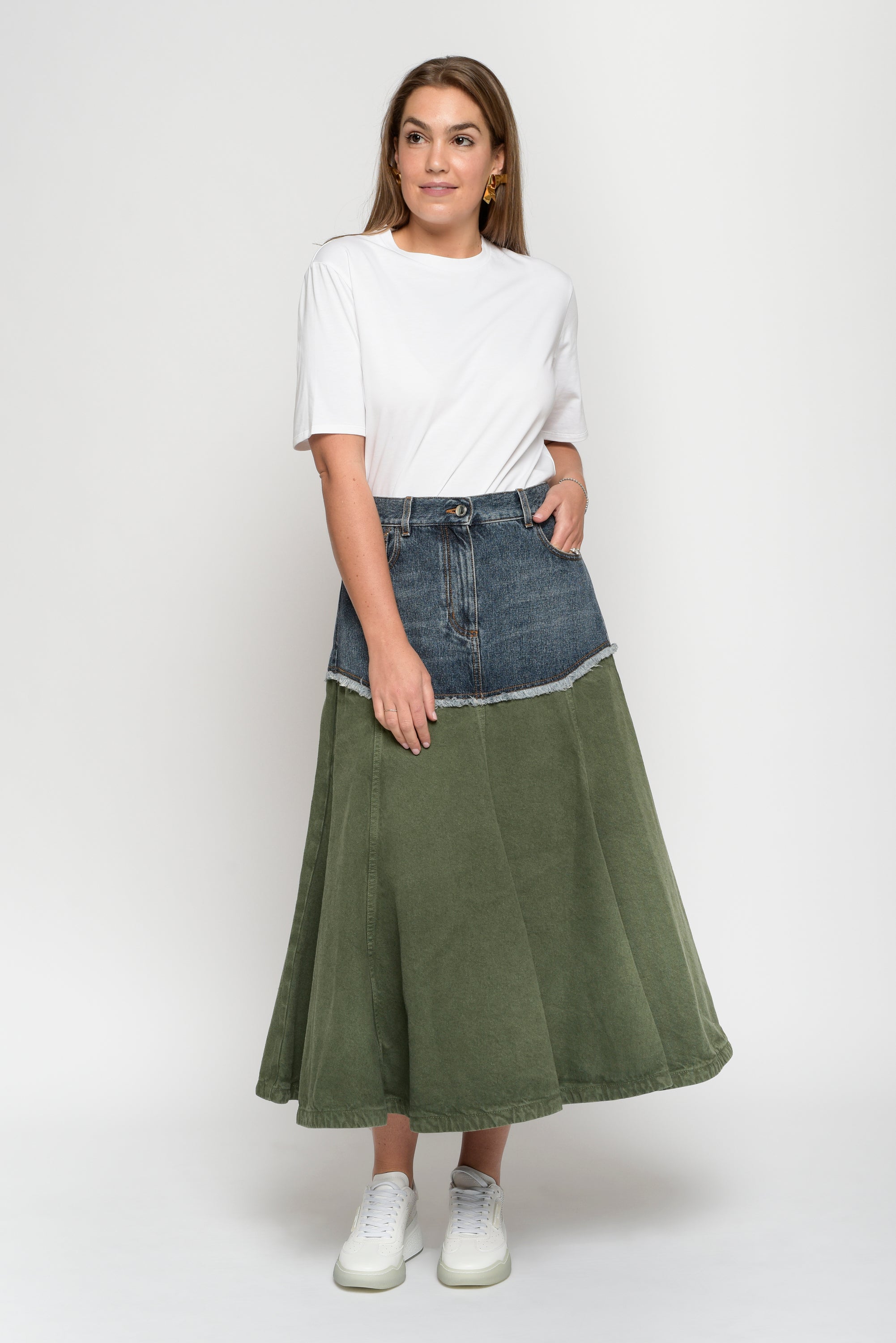 Hem Solid Color Denim Skirt Frayed Hem Olive Green High - Temu