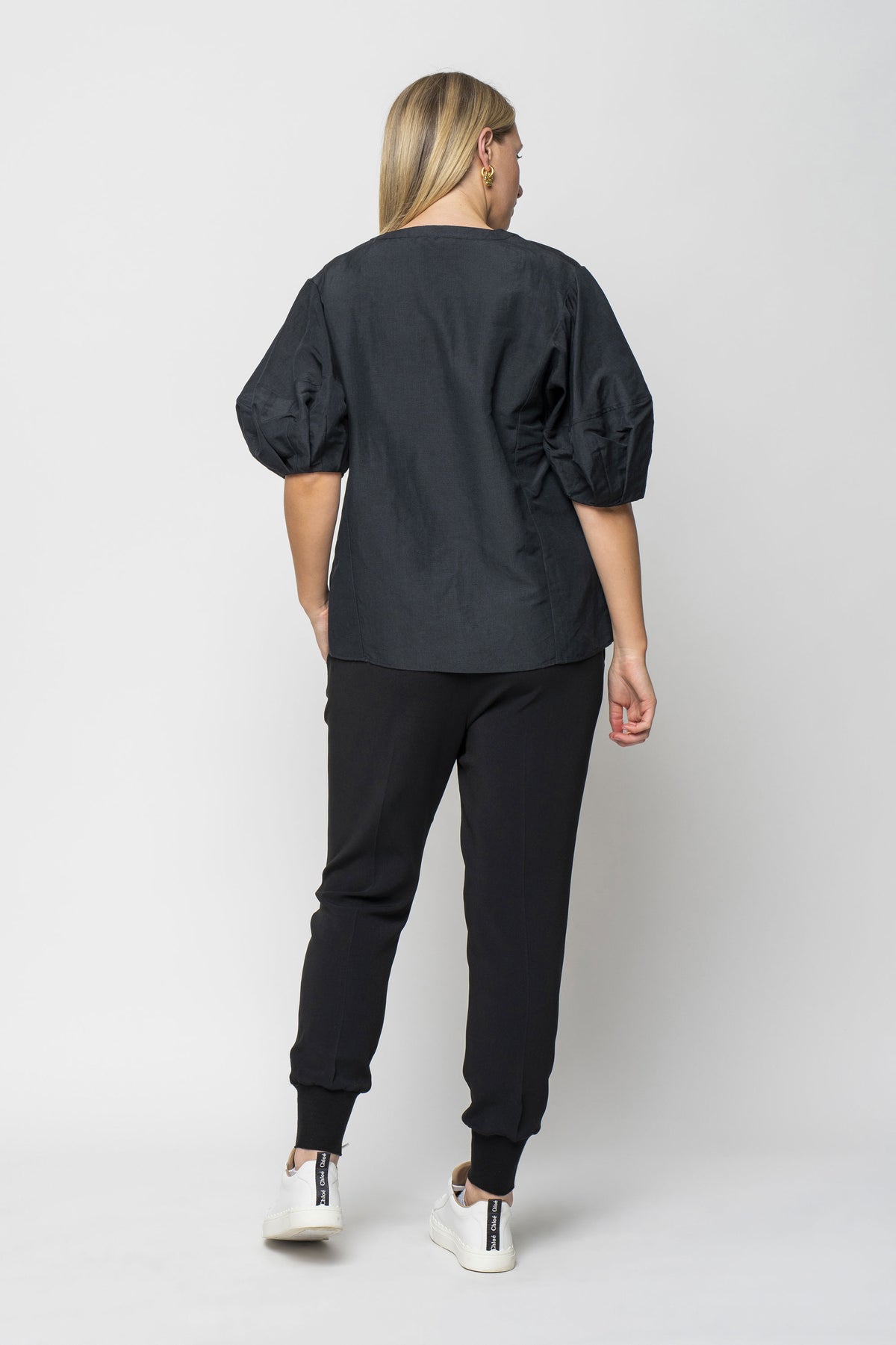 Chloé Black V-Neck Linen &amp; Silk Top with Puff Sleeve